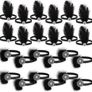 24 Pcs 1920s Flapper Headbands Roaring 20s Black Feather Headpiece for Women 192